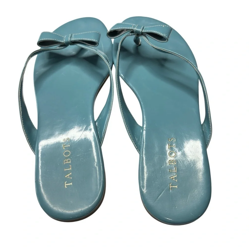 Talbots Womens Blue Sandals Patent Leather Flats Flip Flops with Bow Size US 9